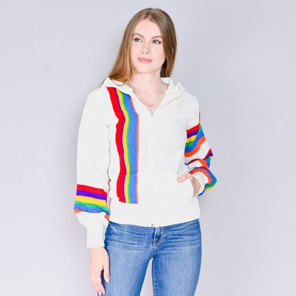 Vintage Sweaters - VINTAGE Rainbow Knit Zipper Sweater with Hood 70s Unique Rare Pullover